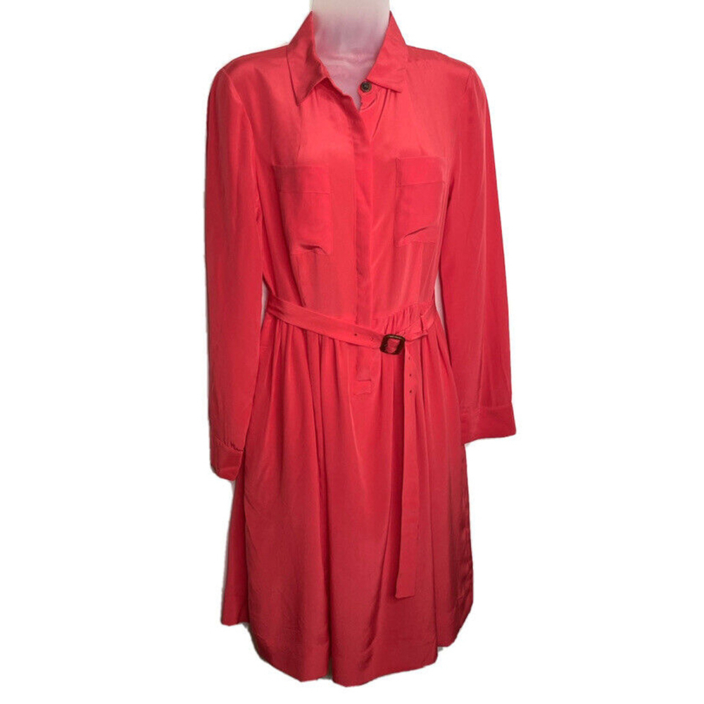 J‎ Crew Blythe Silk Shirt Dress Size 4 Belt Long Sleeve Coral New with Flaw